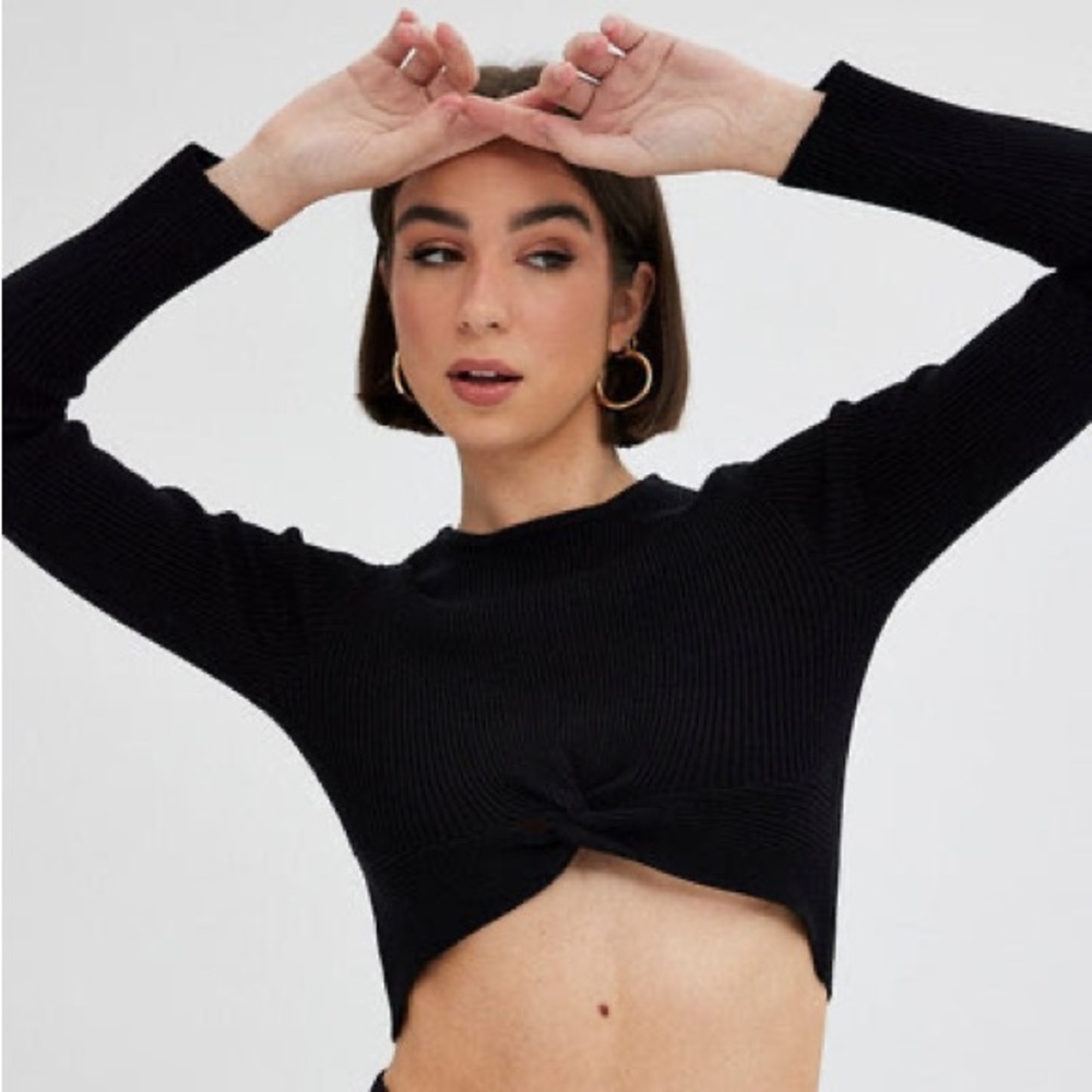 Absence of Colour Black Knit Top Long Sleeve Front Knot Detail Crop Size Small